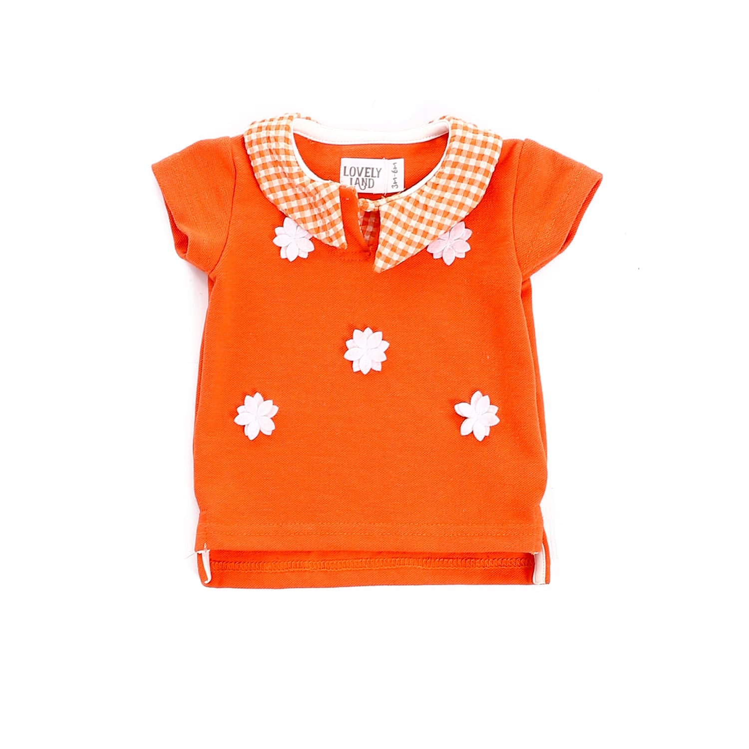 Slip on Short Sleeves Checkered Collar Baby Girls Tee Orange