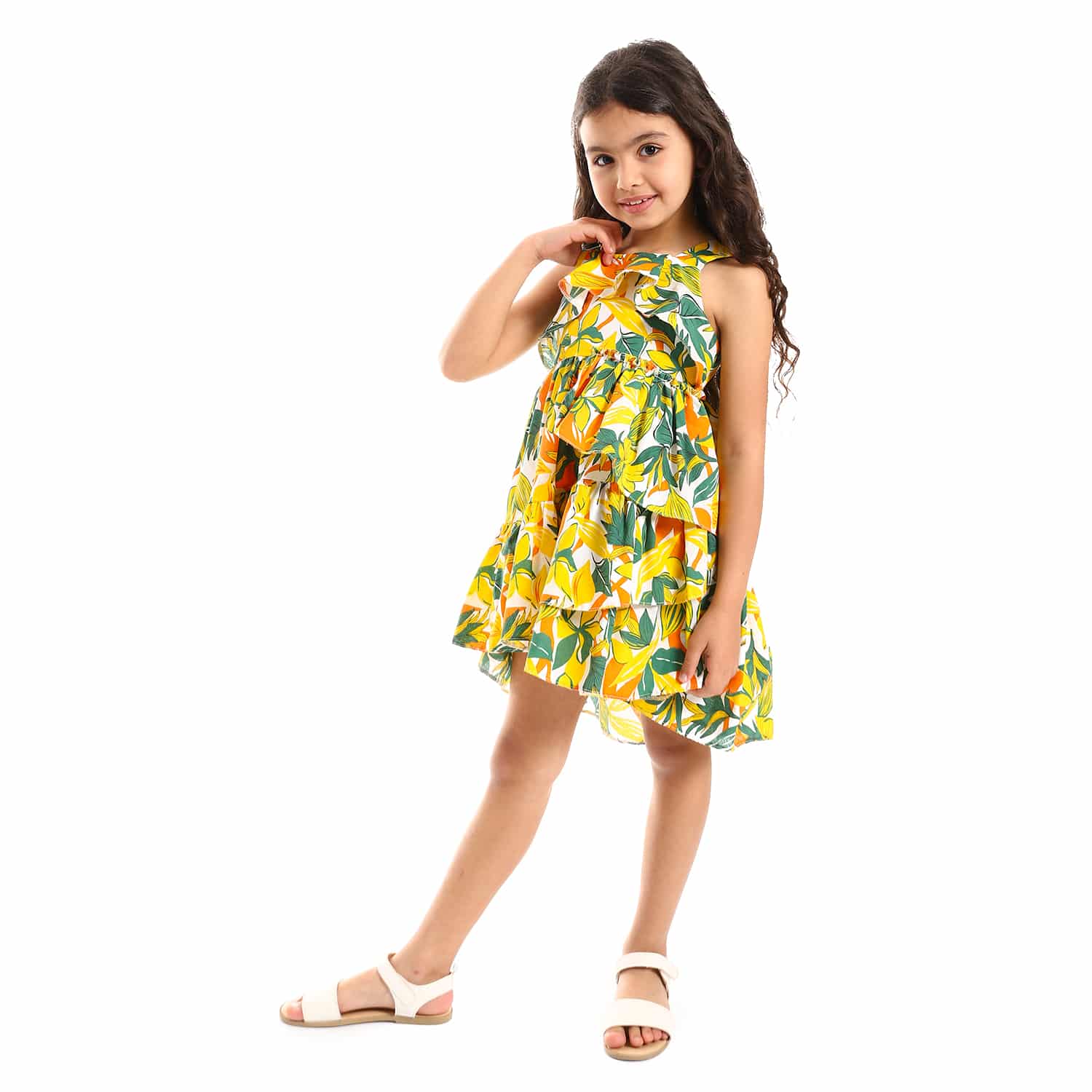 Layered Self Floral Patterned White Yellow Orange Olive Girls Dress