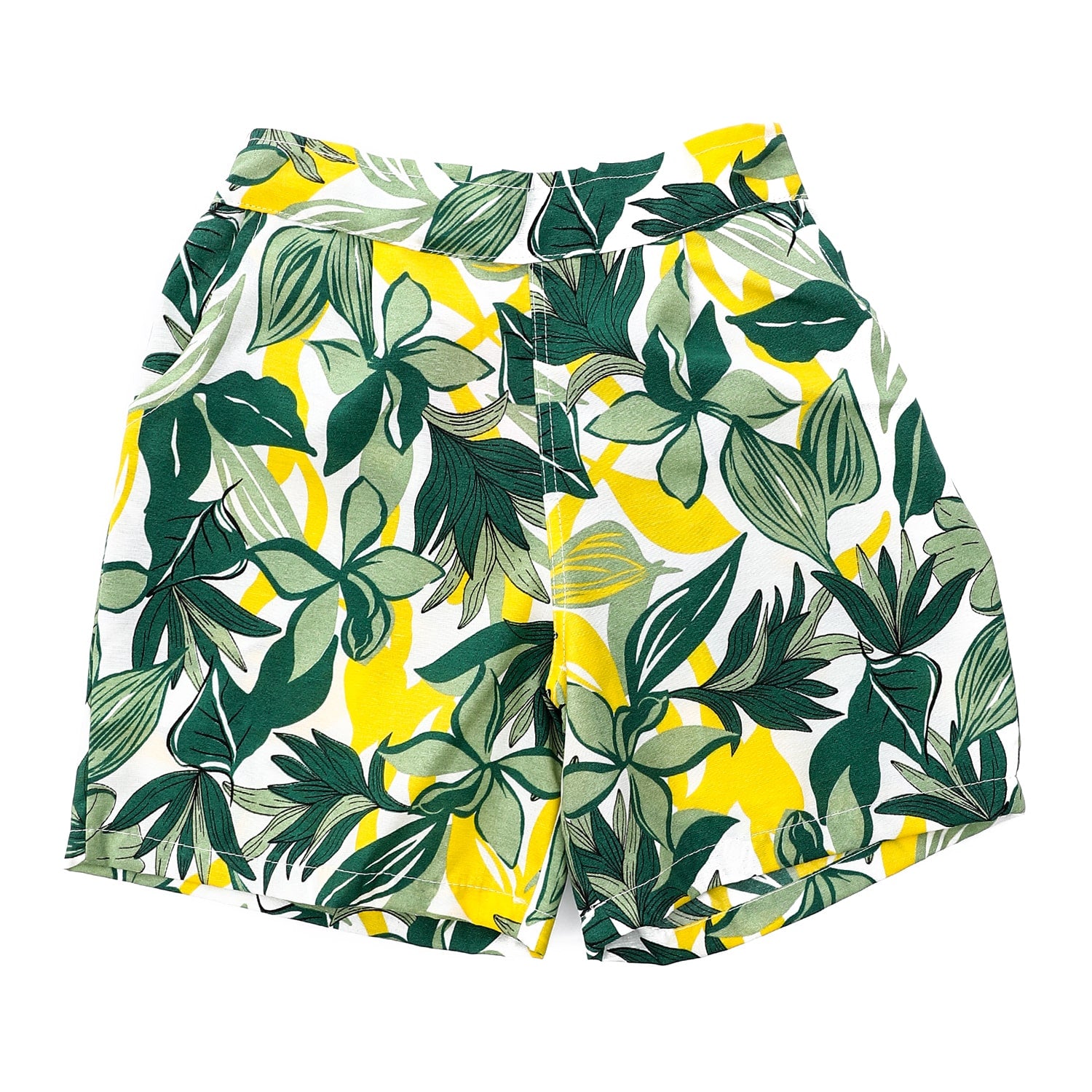 Floral Self Patterned Elastic Waist Girls Short Green White Yellow
