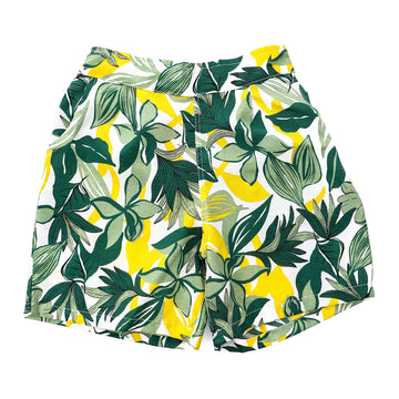 Floral Self Patterned Elastic Waist Girls Short - Green, White & Yellow