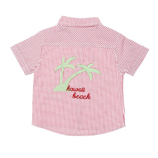 Back Stitching & Plaids Red & White Short Sleeves Baby Boy Shirt