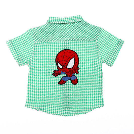 Back Spiderman Stitched Patch Over Green & White Baby Boys Shirt