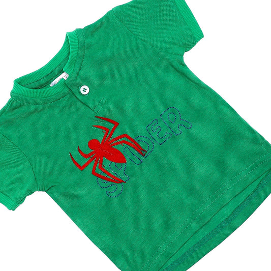 Spiderman Stitched Patch Over Green Pique Baby Boys Tee