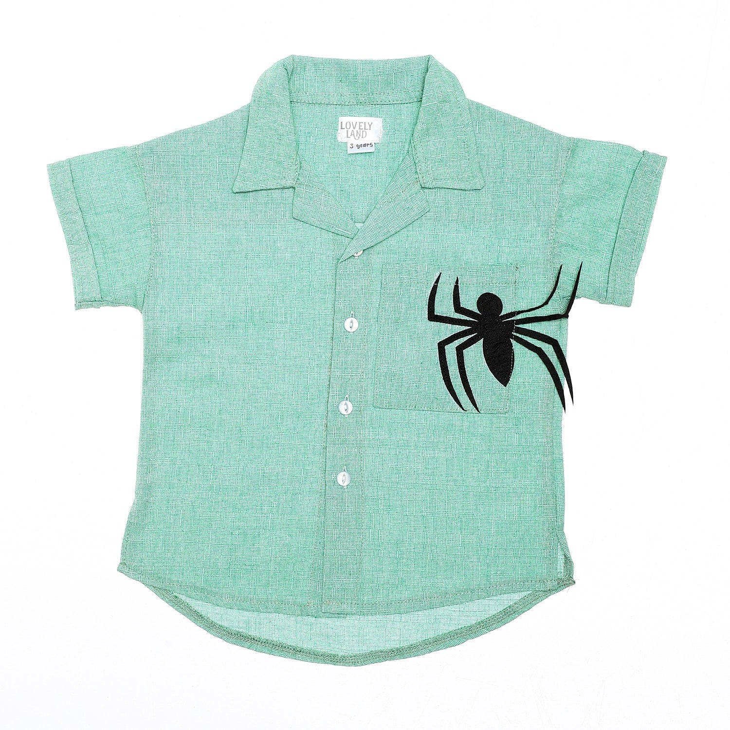 black spiderman logo stitched patch over green white baby boys shirt 1