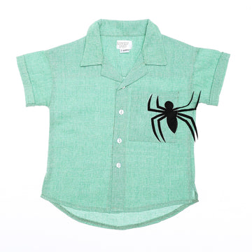 Black Spiderman Logo Stitched Patch Over Green & White Baby Boys Shirt