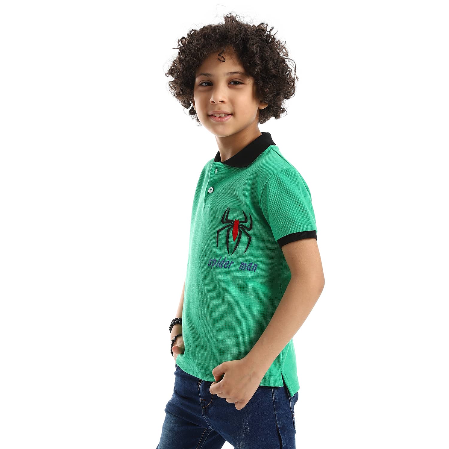 stitched spiderman patch green red black boys polo shirt