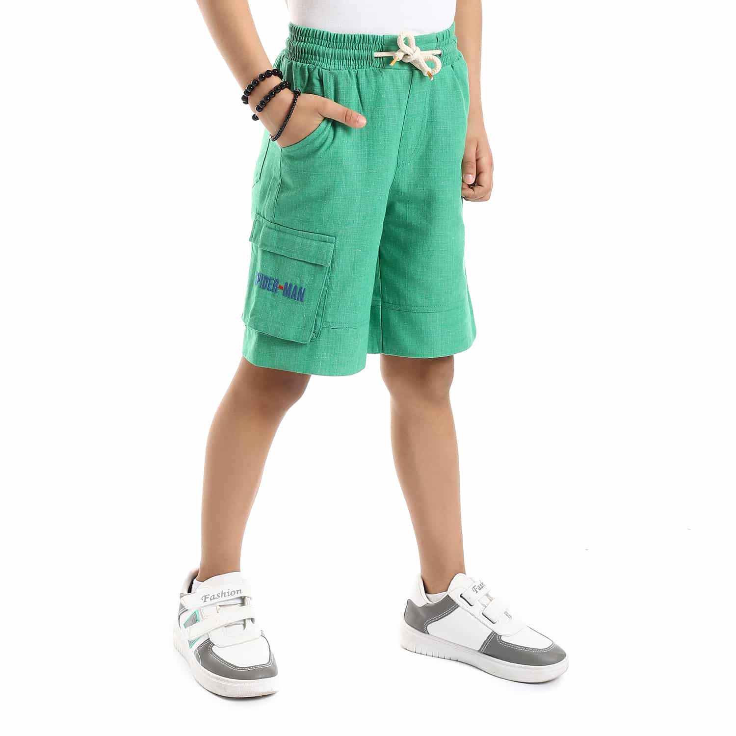 knee pocket with stitched spiderman green boys shorts