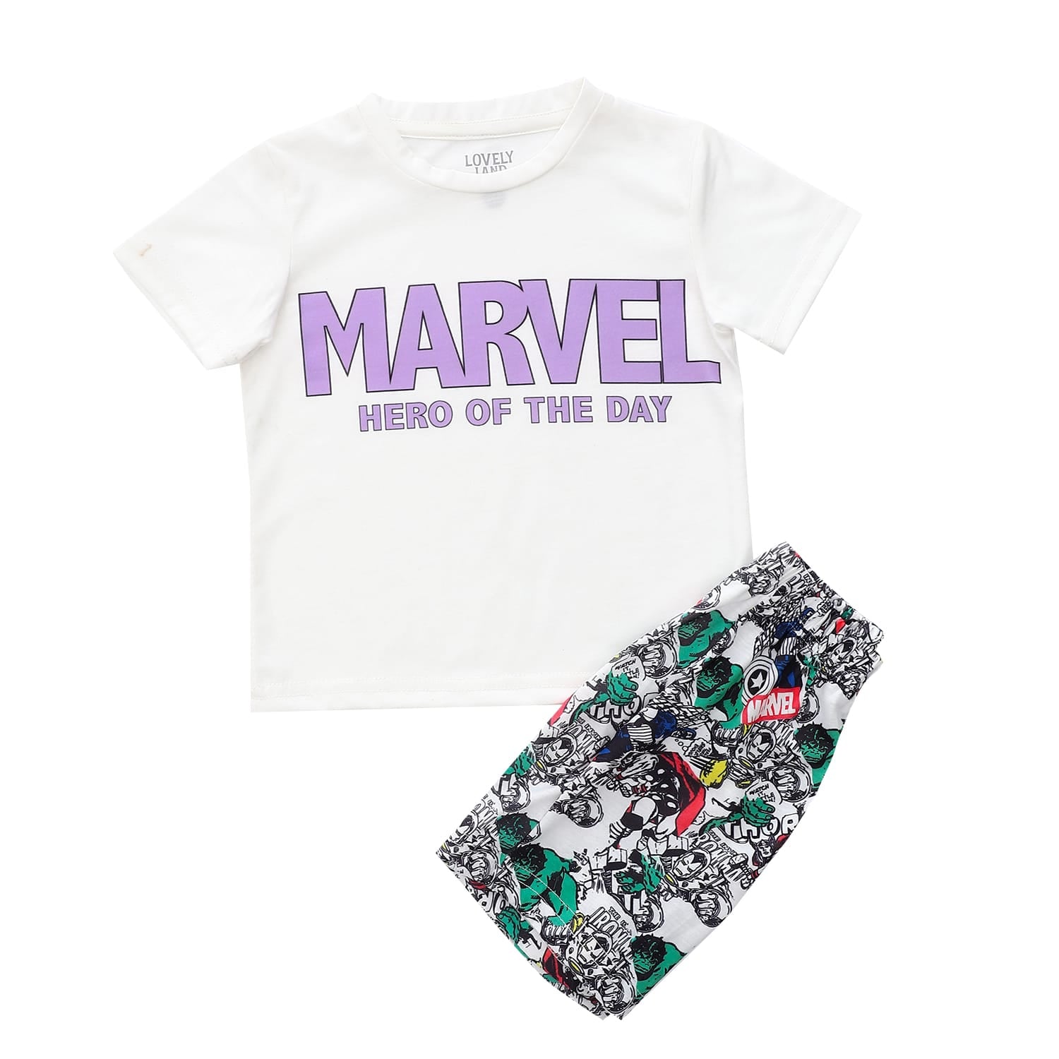 Marvel Heros of the Day Self Patterned Short Sleeves Boys Pajama Set White Lilac 1