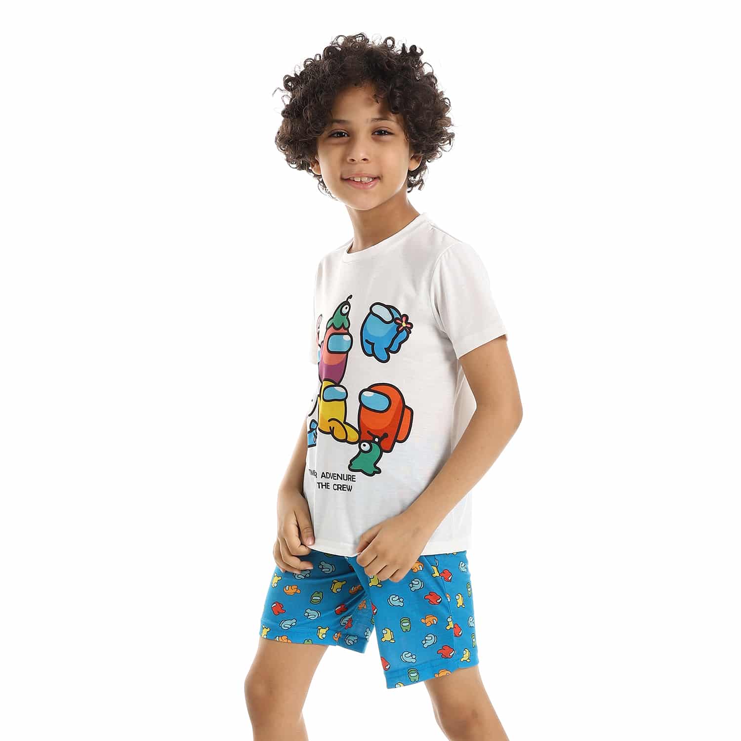 "Time For Advenure with The Crew" Self Patterned Short Sleeves Boys Pajama Set - White & Azure Blue