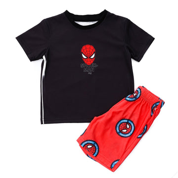 spider man self patterned short sleeves boys pajama set black red 1