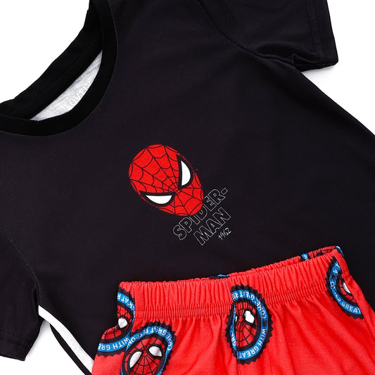 "Spider Man" Self Patterned Short Sleeves Boys Pajama Set - Black & Red