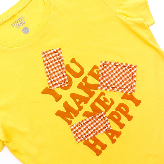 "You Make Me Happy" Printed Short Sleeves Girls T-Shirt - Yellow & Tigger Orange