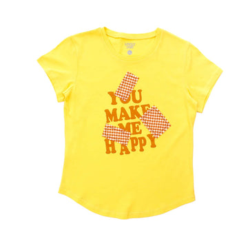 "You Make Me Happy" Printed Short Sleeves Girls T-Shirt - Yellow & Tigger Orange