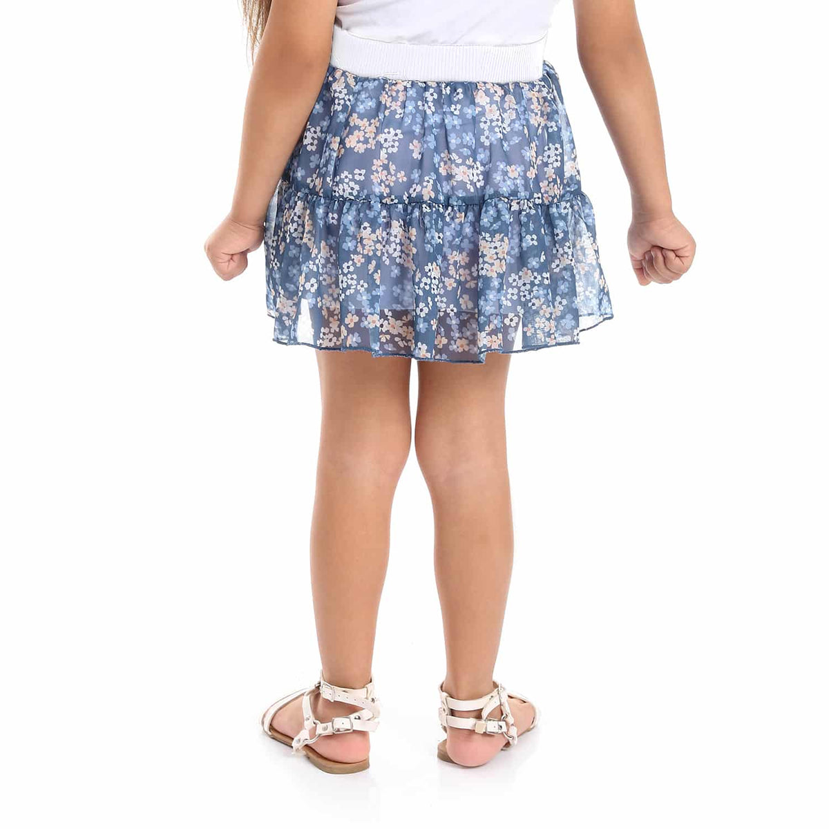 Floral Patterned Elastic Waist Girls Short Skirt - Orange, Aegean Blue & White (2)