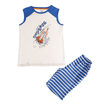 Sleeveless Slip On Printed & Striped Boys Pajama - Blue & White