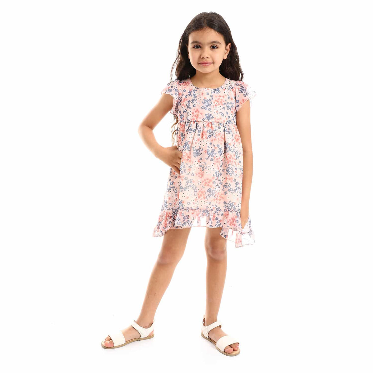Floral Self Patterned Cap Sleeves Baby Girls Dress - Blue, White & Simon