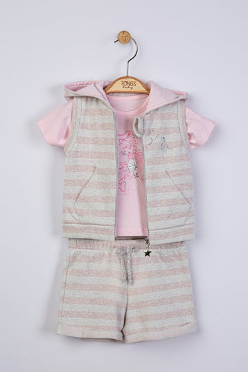 half sleeve pink shirt with prink with a pink stripped sleeveless hooded jacket and a pink stripped short