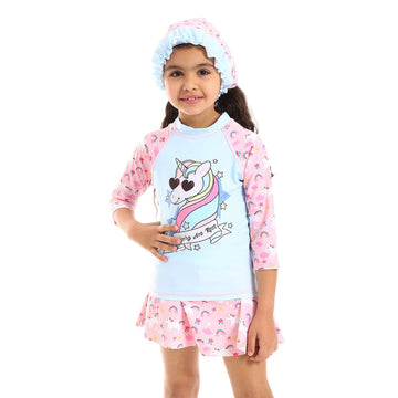 Unicorn Self Pattern Short Sleeves One-Piece Girls Swimsuit with Decorated Ruffles - Turquoise, Brown & White