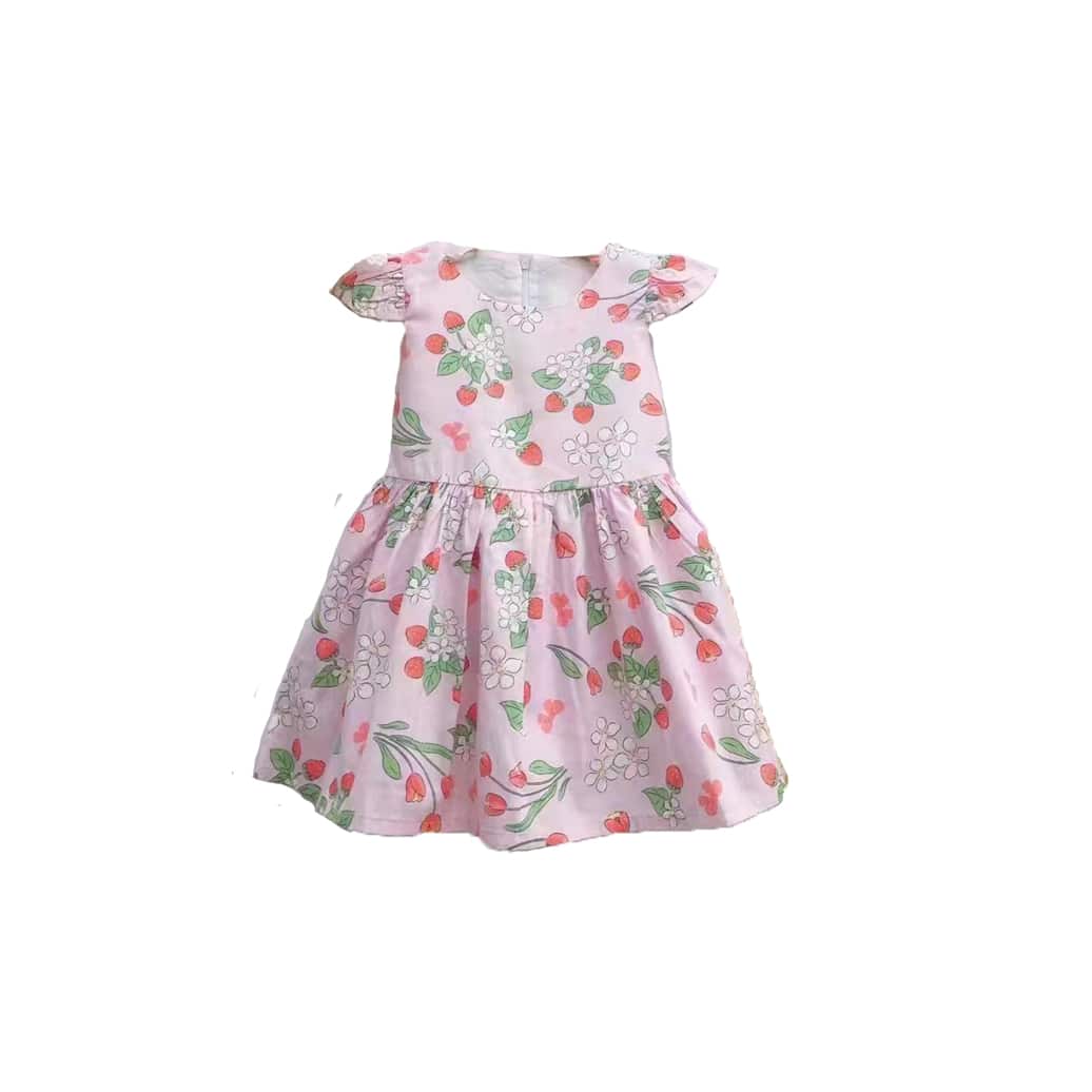 pink sleeveless dress with red and green print
