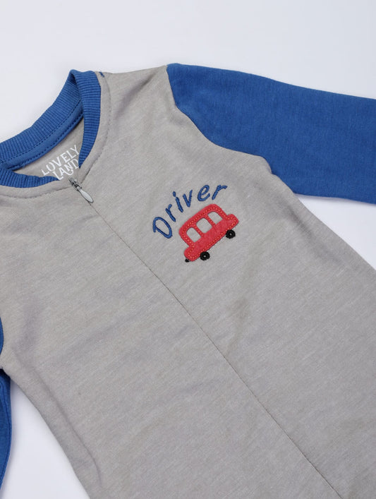 Grey and blue with car embroidery onzie