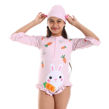 Rabbit Self Pattern Long Sleeves One-Piece Girls Swimsuit - Light Rose, Orange & White