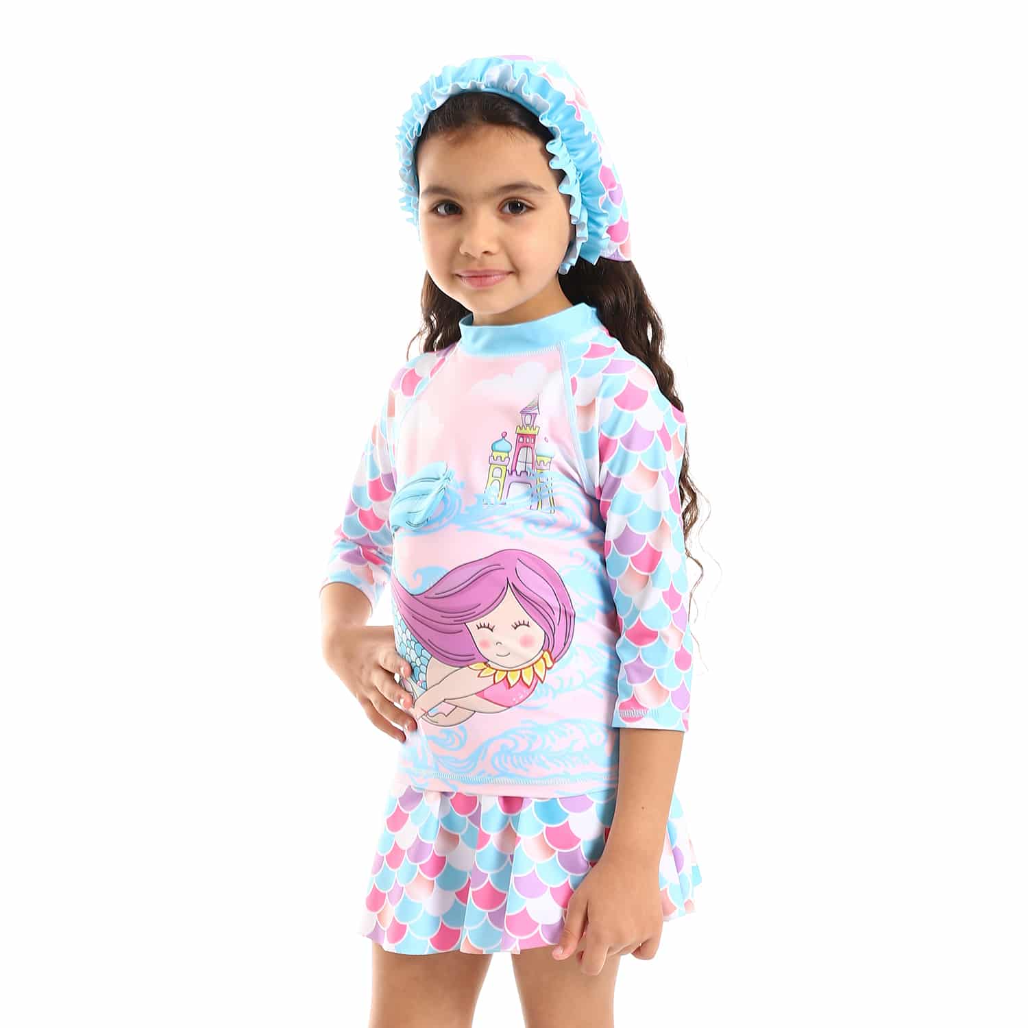mermaid self pattern long sleeves girls swimsuit set sky blue rose