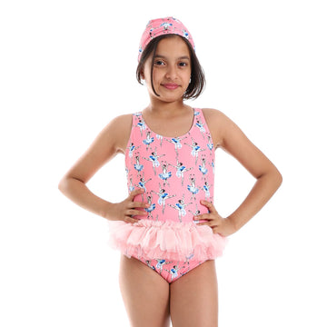 Ballerina Self Pattern Spaghetti Sleeves Girls One-Piece Girls Swimsuit with Ruffles - Rose, White & Blue