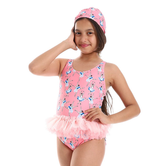 Ballerina Self Pattern Spaghetti Sleeves Girls One-Piece Girls Swimsuit with Ruffles - Rose, White & Blue