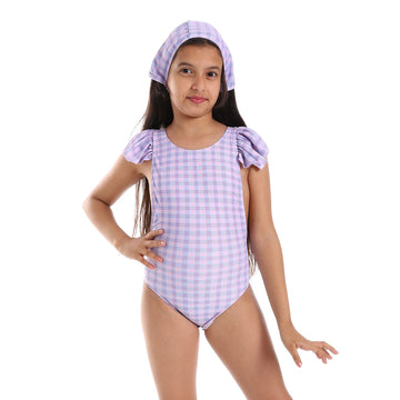 Plaids Self Pattern Ruffle Sleeves Girls One-Piece Swimsuit - Lavender