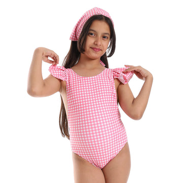 Self Pattern Ruffle Sleeves Girls One-Piece Swimsuit - Pink & White