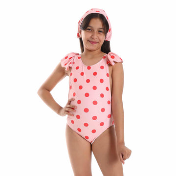 Polka Dots Self Pattern Ruffle Sleeves Girls One-Piece Swimsuit -Simon & Orange