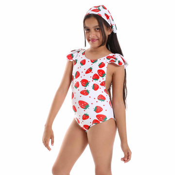 Strawberries Self Pattern Ruffle Sleeves Girls One-Piece Swimsuit - Red & White