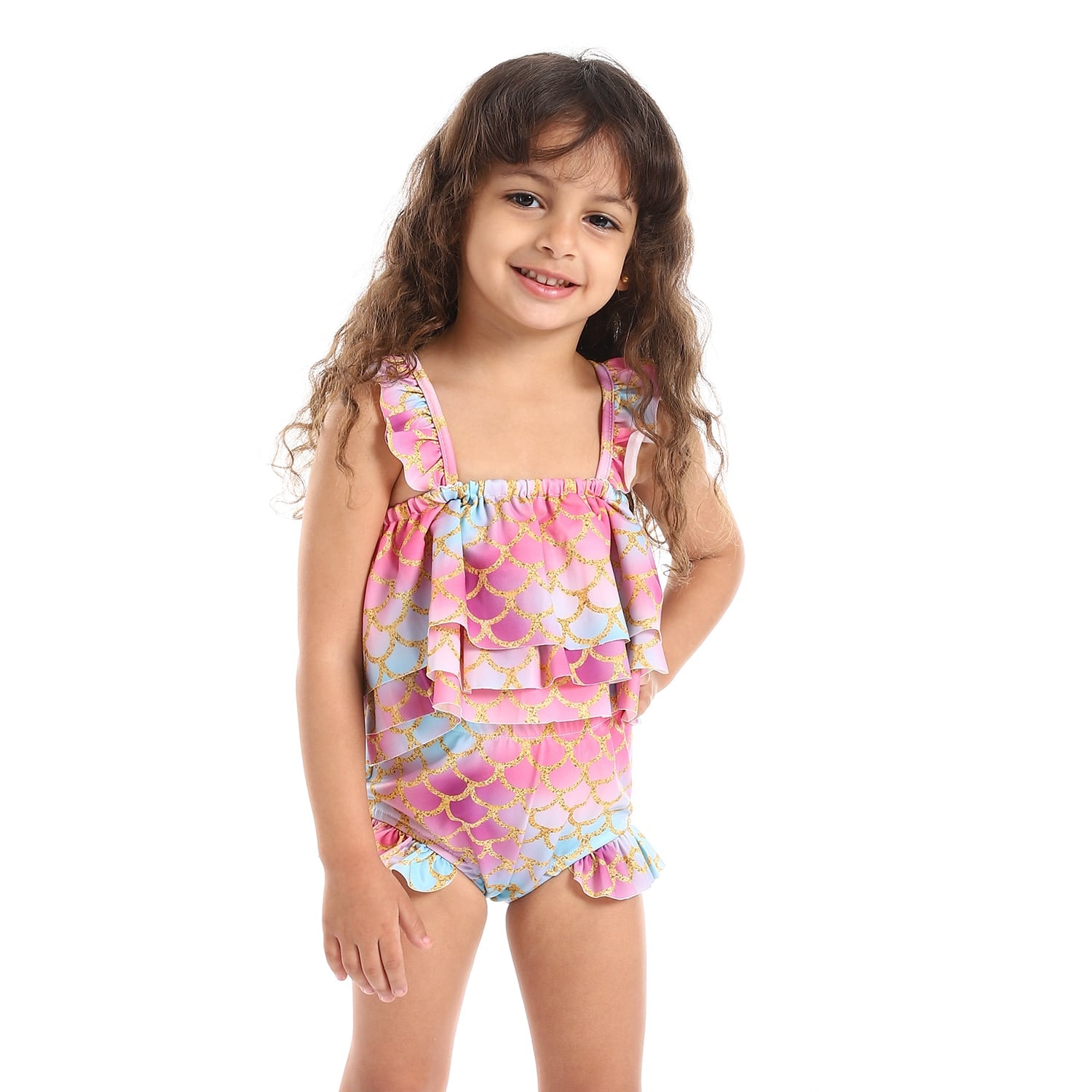 mermaid self pattern ruffle sleeves girls bikini set pink yellow turquoise